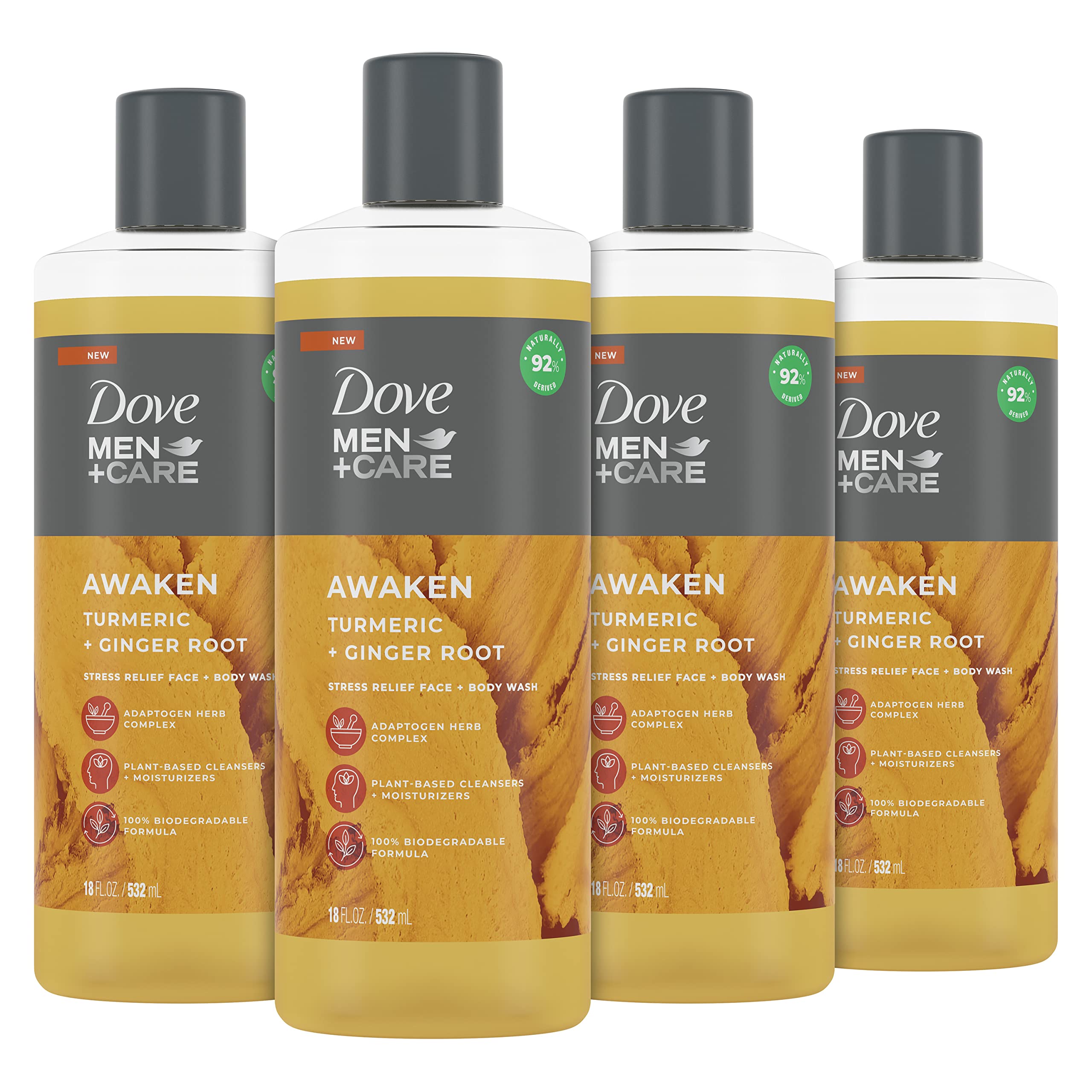DOVE MEN + CARE Face + Body Wash For Men Awaken Turmeric + Ginger Root 18 oz 4 Count