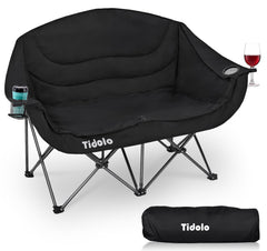 Tidolo Double Camping Chair2 Person Black Camping Chair for AdultOversized Padded Folding Loveseat Camping ChairHeavy Duty Lawn Chair Outside Camping Couch with Cup Wine Glass Holder Support 600LBS