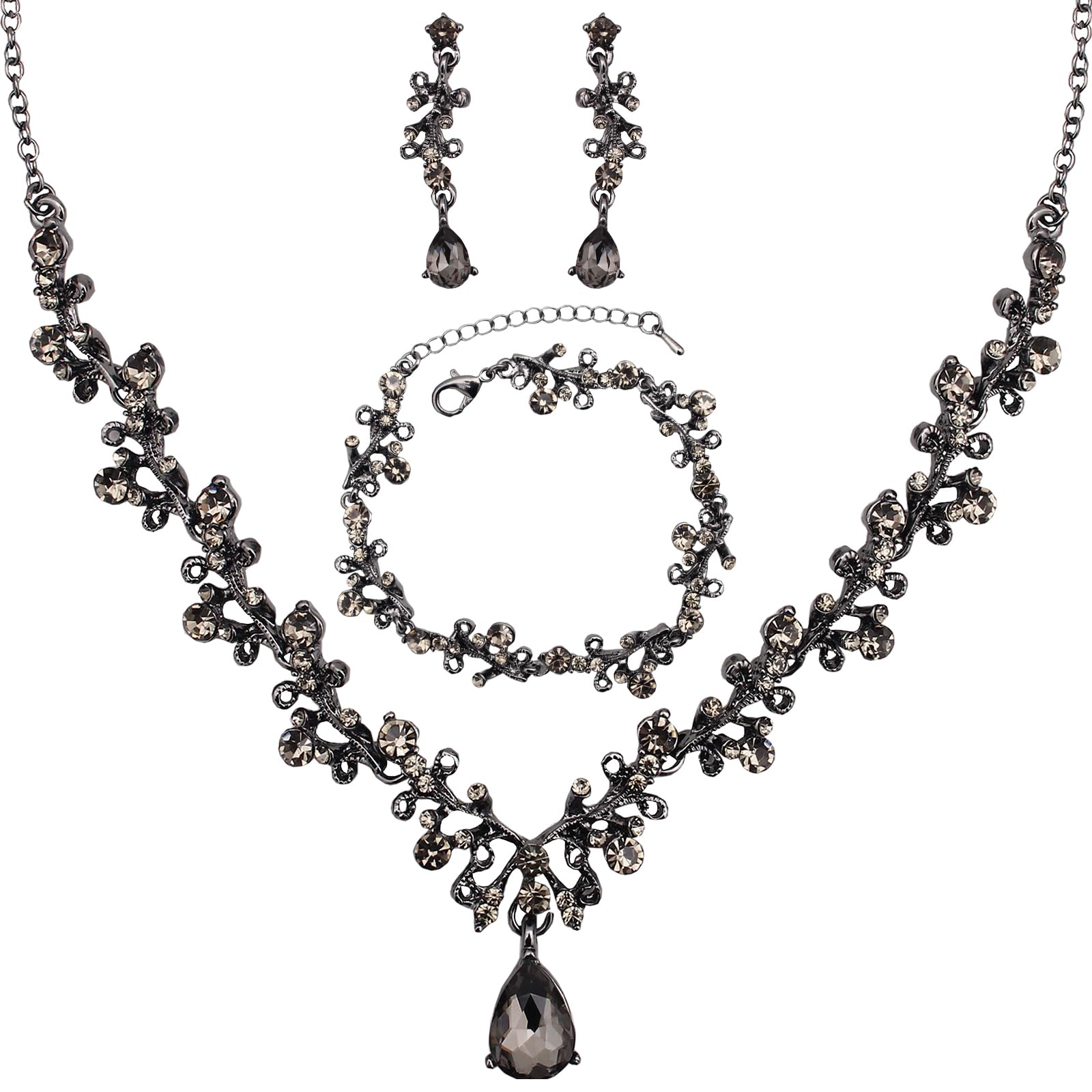 3Pcs Austrian Crystal Jewelry Set for Women Necklace Dangle Earrings Link Bracelet Jewelry Set with Gold/Platinum/Gun Plated Wedding Party Jewelry for Bridal Bridesmaid (Black Diamond-Jet)