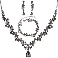 3Pcs Austrian Crystal Jewelry Set for Women Necklace Dangle Earrings Link Bracelet Jewelry Set with Gold/Platinum/Gun Plated Wedding Party Jewelry for Bridal Bridesmaid (Black Diamond-Jet)