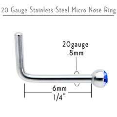 20G Stainless Steel Sapphire Blue Gem Micro Nose Ring L-Shaped