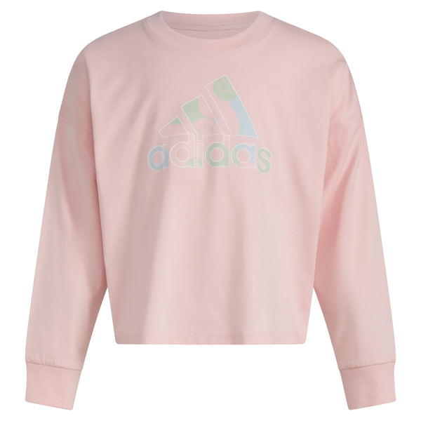 adidas Girls Little Long Sleeve Waist Crew Tee T-Shirt Pink with Multicolor
