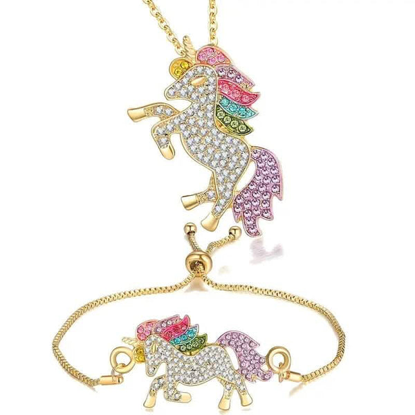 2-Piece Set: Rainbow-Colored Unicorn Necklace and Bracelet