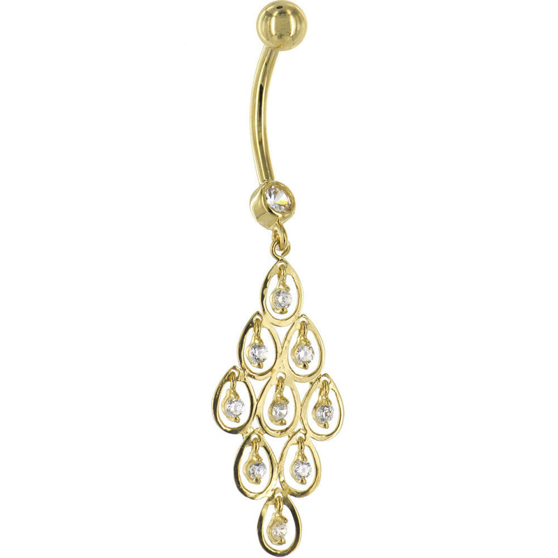 16G Solid 14K Yellow Gold TEARDROP CHANDELIER Cubic Zirconia Belly Ring