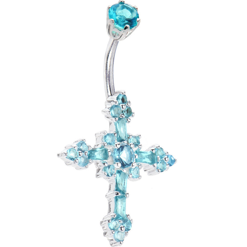 Sterling Silver 925 Aqua Cubic Zirconia CROSS Belly Ring