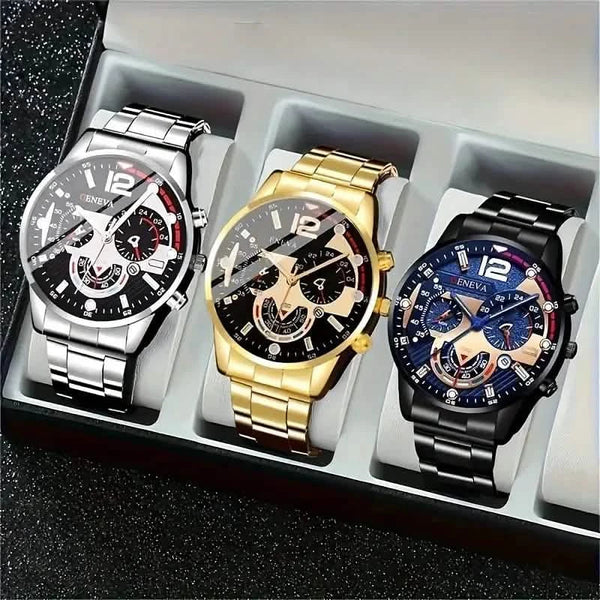 3-Pack: Luxury Men's Quartz Watch Set with Precision Time Scale