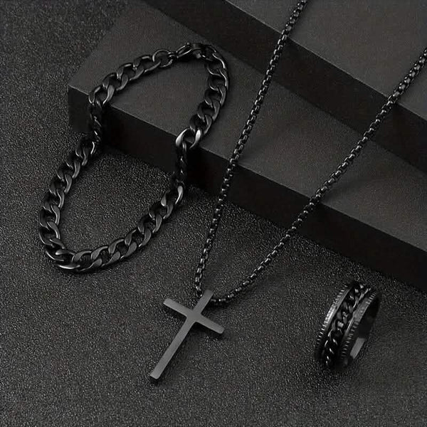 3-Piece Set: Fashion Versatile Dark Cross Stainless Steel Jewelry
