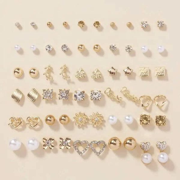 30-Pairs: Alloy Full Rhinestones Love Round Faux Pearl Letter Stud Earrings Set