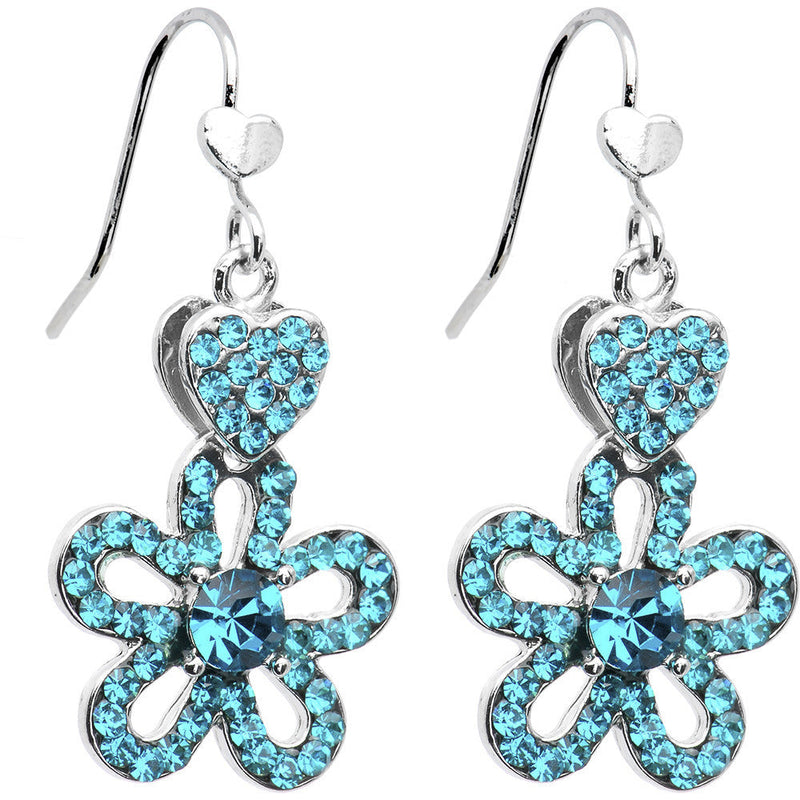 Illustrious Aqua Crystal Heart and Posy Flower Earrings