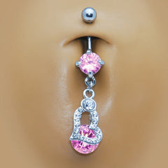 Pink Gem Encrusted Hollow Heart Dangle Belly Ring