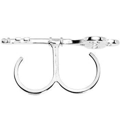 Silver Tone Crystalline Skeleton Key Double Finger Ring