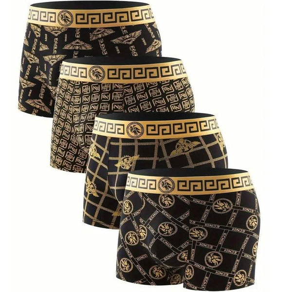 4-Pieces: Men's Luxury Black Golden Print Mid-Waist Boxer Brief