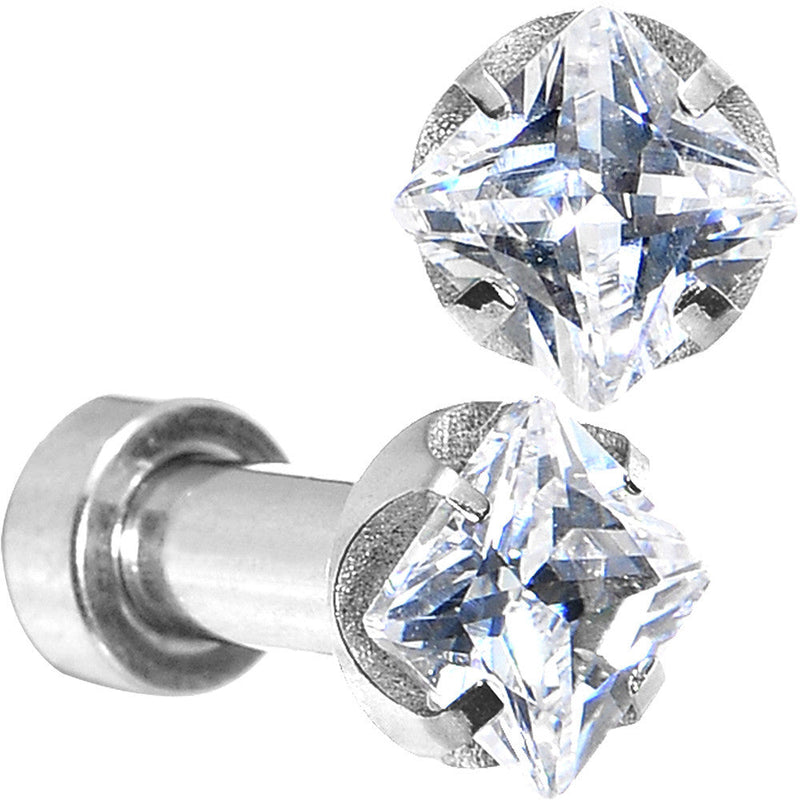 8G Stainless Steel Clear Square CZ Screw Fit Tunnel Set