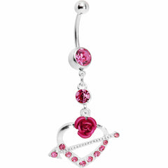 Pink Gem Rose Flower Heart with Arrow Belly Ring