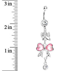 Clear Pink Crystal Bow Heart Dangle Belly Ring
