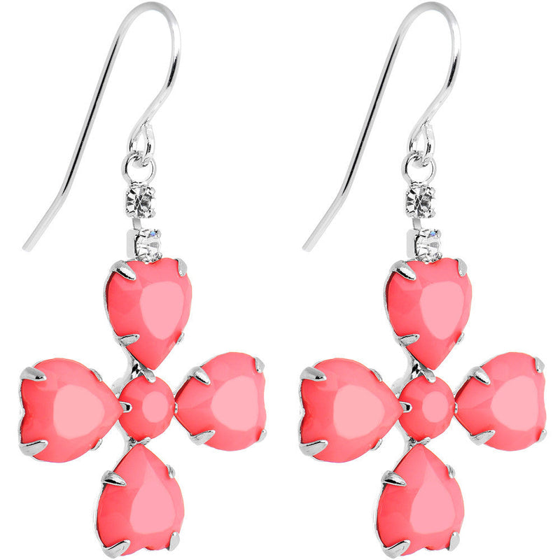Clear Gem Pink Neon Four Leaf Flower Dangle Earrings