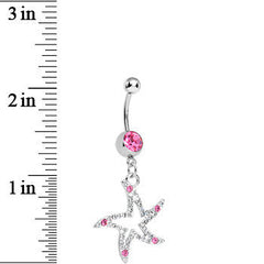 Pink Gem Silvery Starfish Dangle Belly Ring