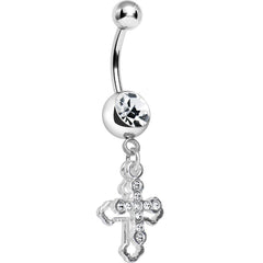 Clear Gem Hollow Cross Charm Double Dangle Belly Ring