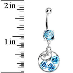 Aqua CZ Triple Rose Flower Hoop Charm Dangle Belly Ring
