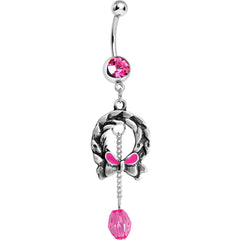Pink Gem Antique Wreath with Bead Chain Drop Dangle Belly Ring