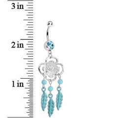 Aqua Gem and Feathers Flowered Dreamcatcher Dangle Belly Ring