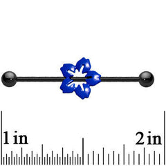 Black Anodized Titanium Blue Hawaiian Flower Industrial Barbell