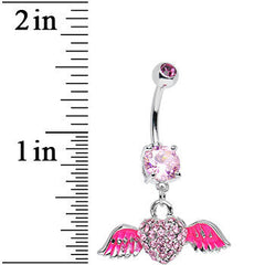 Pink Gem Paved Heart Neon Wings Dangle Belly Ring