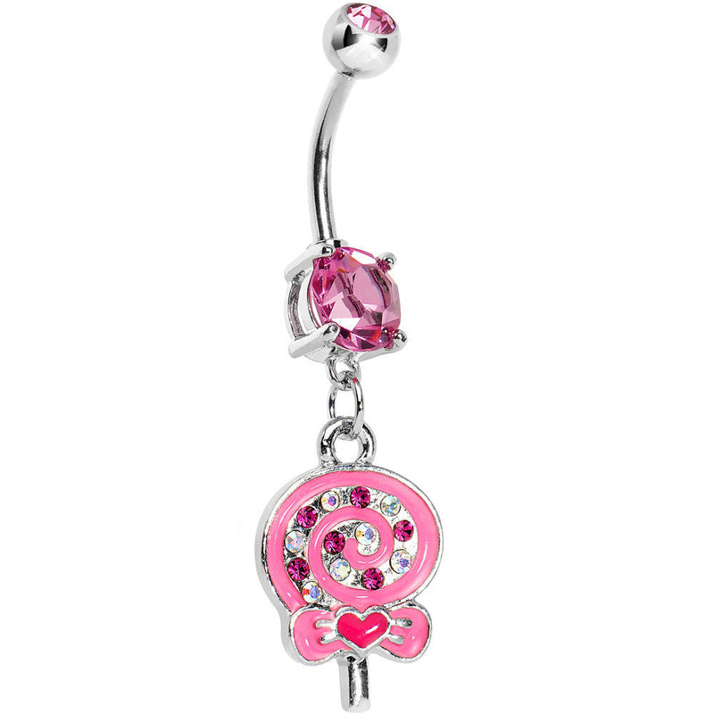 Double Pink Gem Swirling Lollipop Dangle Belly Ring