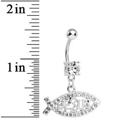 Crystalline Gem Paved Christian Jesus Fish Dangle Belly Ring