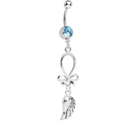 Aqua Gem Bowtie and Angel Wing Dangle Belly Ring