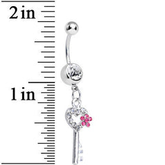 Crystalline Gem Pink Flowered Key Dangle Belly Ring