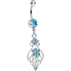 Aqua Gem Ensnared in Roots Flower Dangle Belly Ring