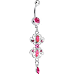 Pink Gem Twin Scrolls and Teardrops Dangle Belly Ring