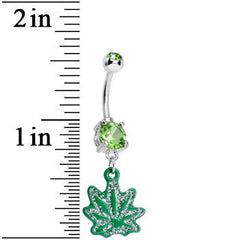 Green Gem Sparkle Like a Ganja Leaf Dangle Belly Ring