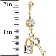 Crystalline Gem Gold Plated Blingy Lock and Key Dangle Belly Ring