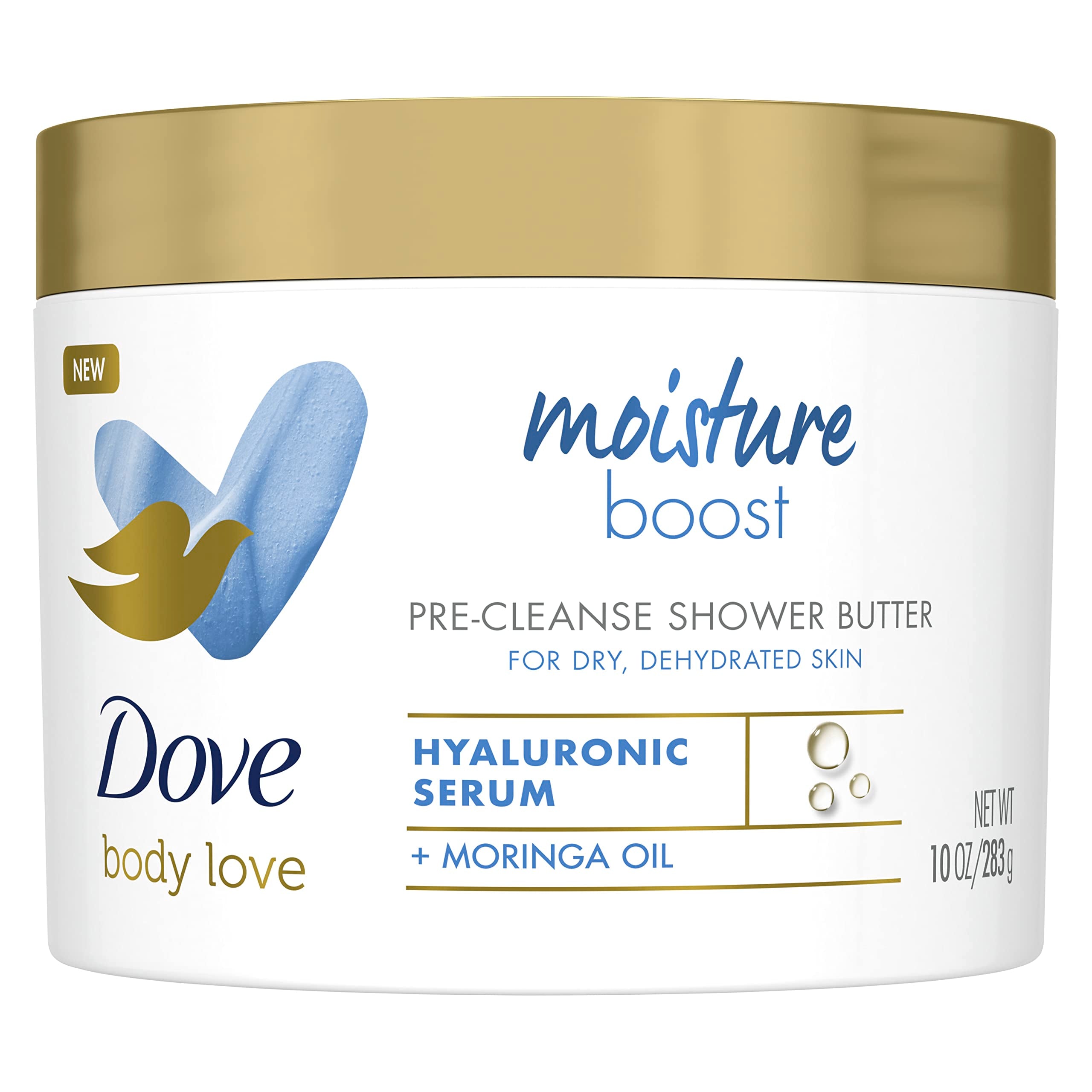 Dove Body Love Shower Cleansing Butter Moisture Boost Cleanser for Dry Skin Silkier than Body Wash with Hyaluronic Acid and Moringa Oil 10 oz