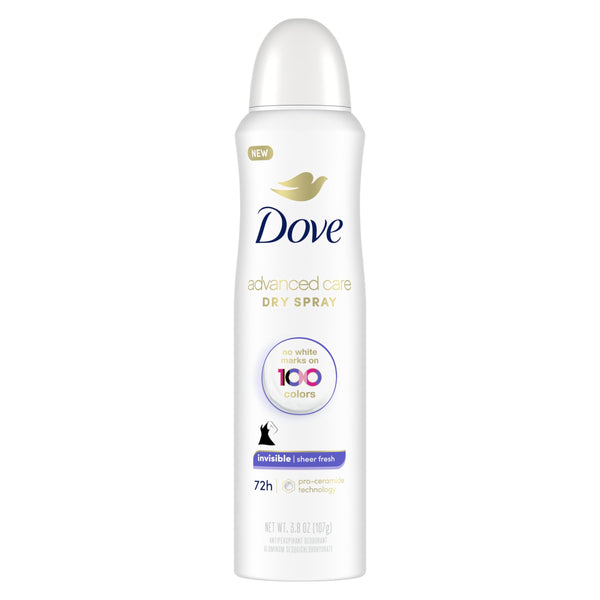 Dove Advanced Care Invisible Dry Spray Antiperspirant Deodorant No White Marks on 100 Colors Sheer Fresh 48-Hour Sweat and Odor Protecting Deodorant for Women 3.8 oz Pack of 12