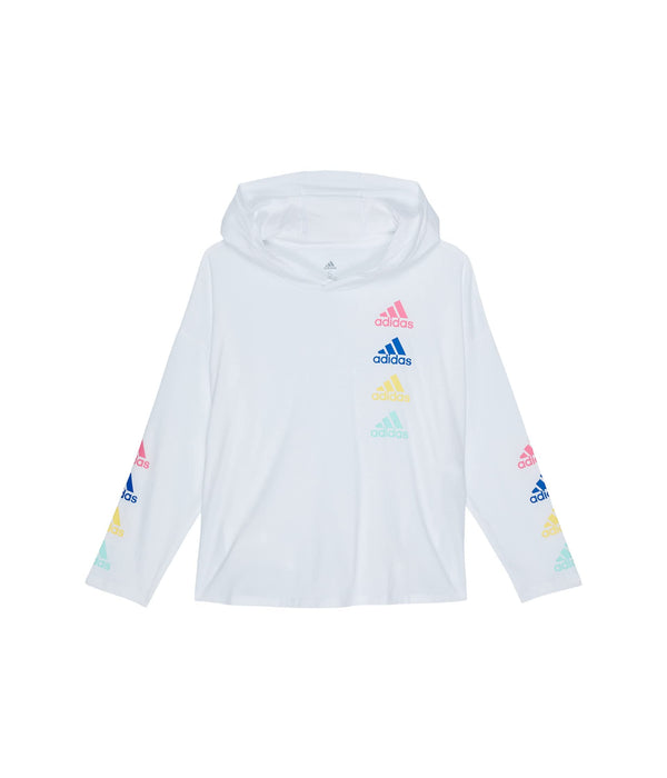 adidas Girls Big Long Sleeve Hooded Graphic Tee Multi Logo/White Large (14)