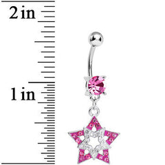 Pink Clear Gem Paved Star Within a Star Dangle Belly Ring