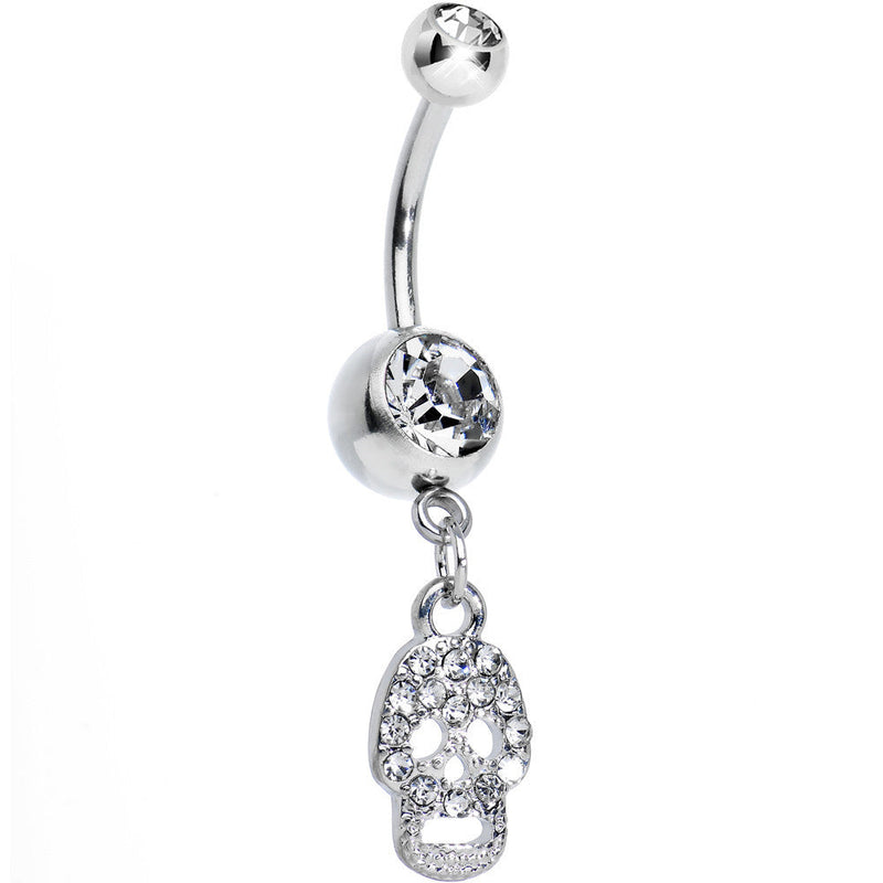 Crystalline Gem Paved Jolly Skull Dangle Belly Ring
