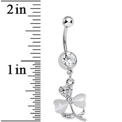 Clear Gem White Pearlescent Petals Flower Dangle Belly Ring