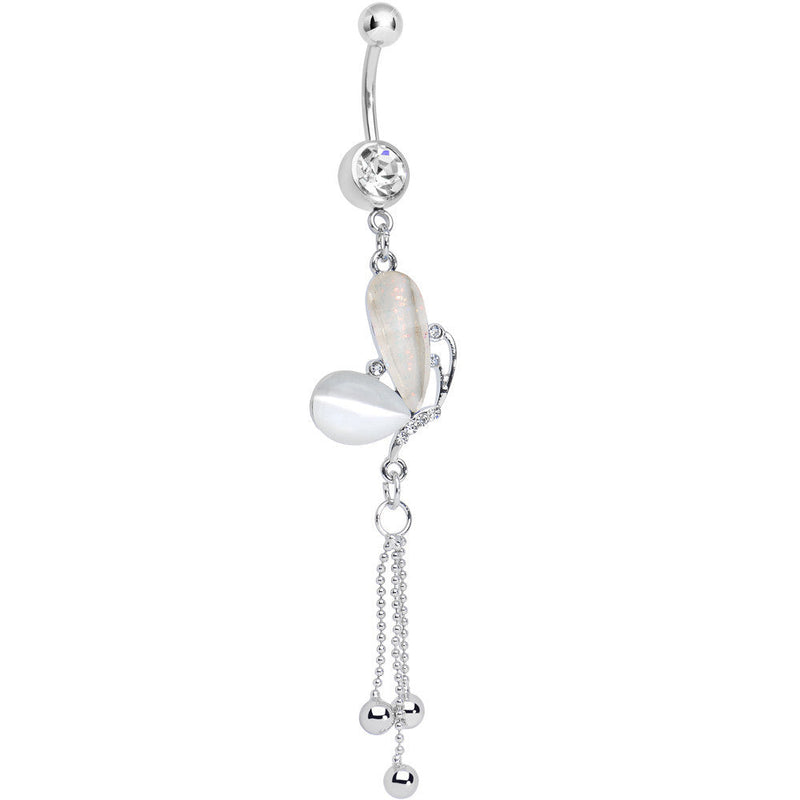 Clear Gem White Pearlescent Butterfly Dangle Belly Ring