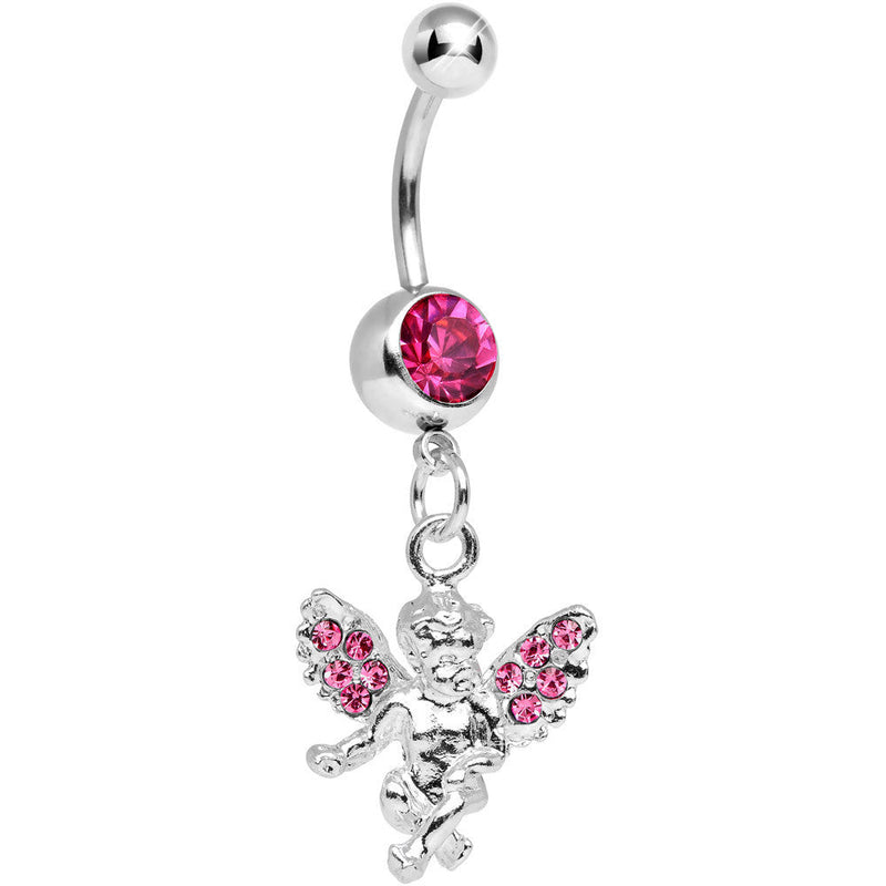 Pink Gem Thoughtful Cherub Dangle Belly Ring