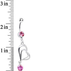 Pink CZ Enchanted by Love Hollow Twin Heart Dangle Belly Ring