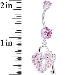 925 Sterling Silver Pink CZ Secret Love Heart Lock Dangle Belly Ring