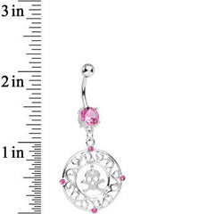 Pink CZ Fancy Framed Skull and Crossbones Dangle Belly Ring