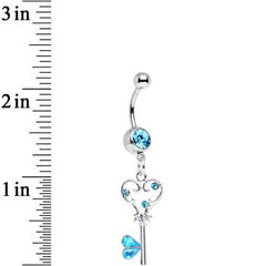 Aqua Gem Fancy Curlicue Heart Key Dangle Belly Ring