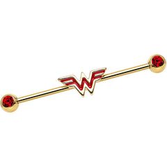 Red Gem Gold Plated Licensed Wonder Woman Logo Industrial Barbell