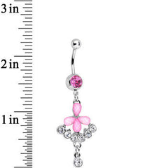 Pink Gem Clear Drops Glittery Flower Dangle Belly Ring