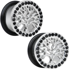 9/16 Black Gem Stainless Steel Single Flare Tree of Life Plug Set